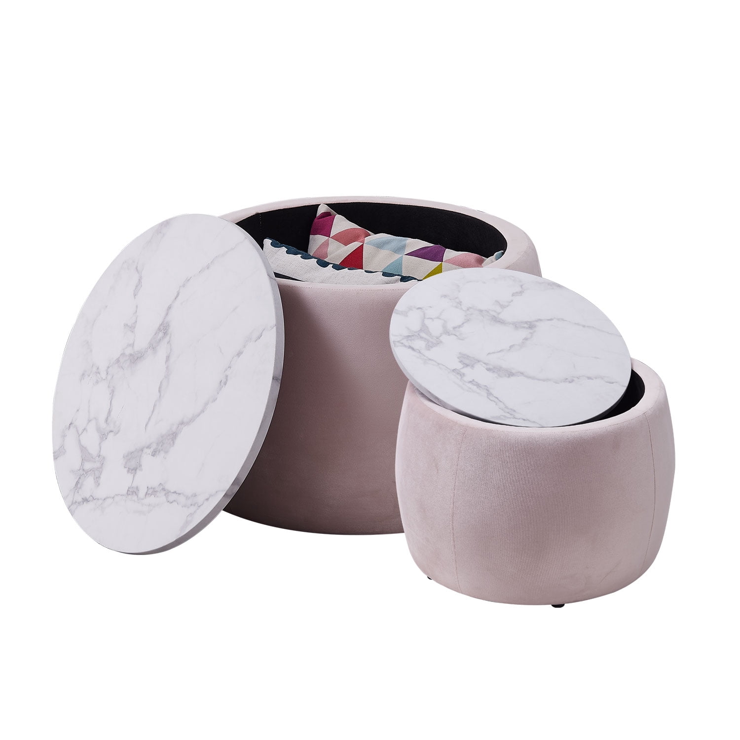 Set of 2 Nesting Round Storage Ottoman, Circle Ottoman Footstool with ...