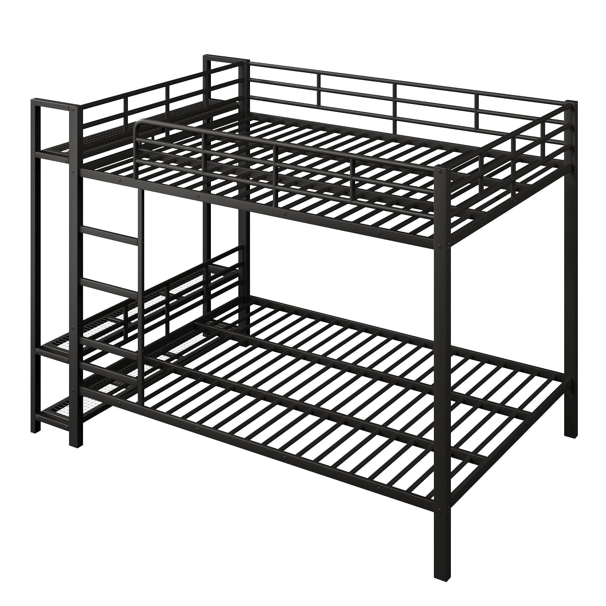 Euroco Metal Queen over Queen Bunk Bed wih Storage Shelves, Clothes Hanger and LED Light for Kids Teens Room, Black