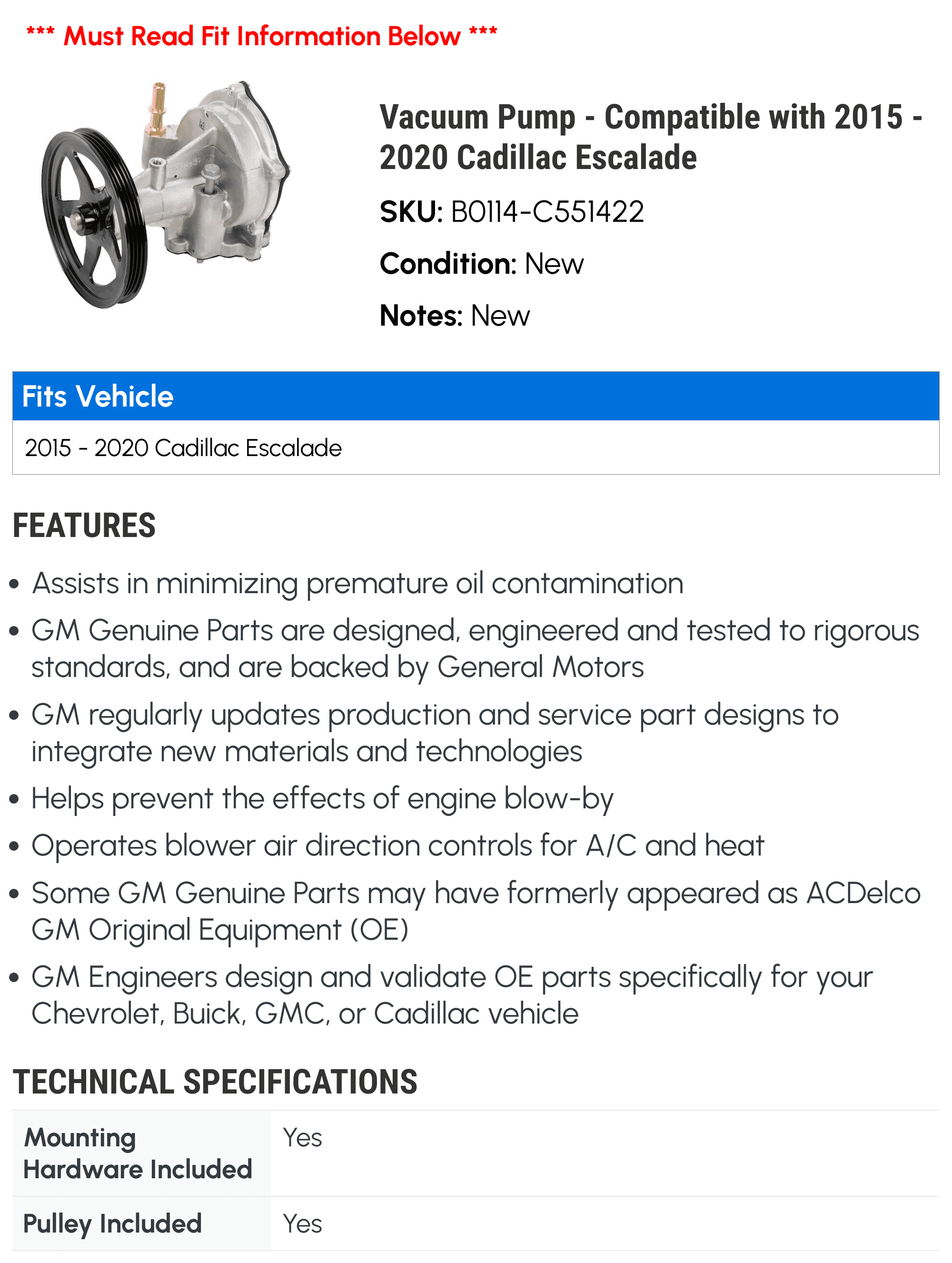 Vacuum Pump - Compatible with 2015 - 2020 Cadillac Escalade - AC Delco