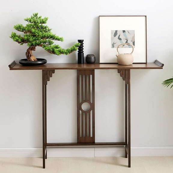 40 inch Walnut Bamboo Console Sofa Table, Vintage Narrow Long Console Japanese Style Entryway Table Hallway Table Couch Table Suitable for Home Living Room