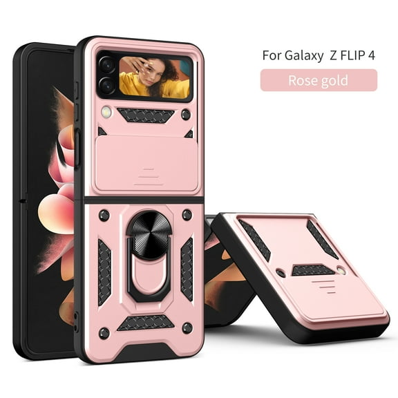 Decase for Galaxy Z Flip 4 Case, With Built-in 360 Rotate Ring Stand Magnetic Protective Slide Lens Camera Cover Protection Phone Case, Rosegold