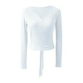 thumbnail image 6 of YEAHDOR Womens Solid Color Ballet Dance Wrap Tops V Neck Long Sleeve Crisscross Cardigan Ivory M, 6 of 7