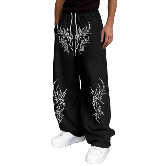XIAOCHA Men's Gothic Tribal Print Sweatpants Baggy Fit Full Length Drawstring Waist Track Pants Soft Edgy Street Trousers