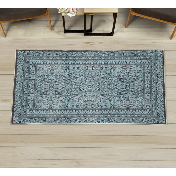 Vintage Decorative Rug, Retro Earthy Design of Botanical Boho Composition in Jumble Leafy Motives, Quality Carpet for Bedroom Dorm and Living Room, 6 Sizes, Baby Blue Dark Grey, by Ambesonne