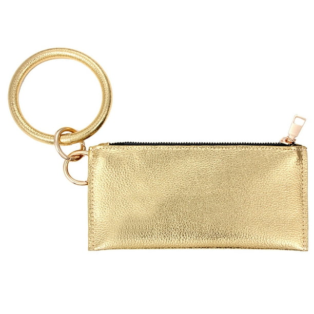 Bolso de piel sintética con llavero, cartera, bolso portátil, moderno, delicado, con cremallera, bolso de mano duradero para mujer y niña (dorado)