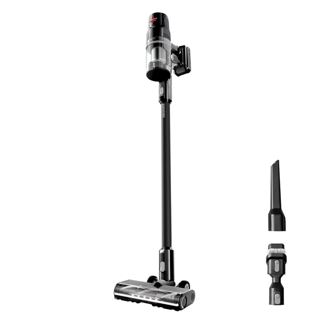 aspiradora inalámbrica bissell cleanview xr de 200 w con batería extraíble Plata, vista frontal 3 en 1 como aspiradora de barra con depósito transparente y motor superior; cabezal con rollo de cepillo que no se enreda y luces LED, batería extraíble de 24 V, tanque XL y accesorios desmontables para ranuras y cepillo; adecuada para limpiezas rápidas en el auto.