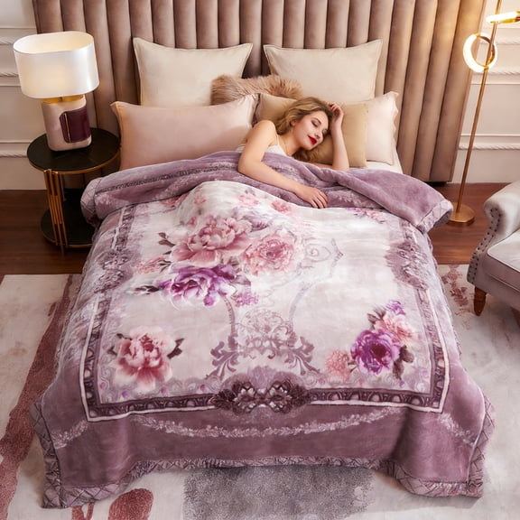WOOW DEPOT Twin Full Heavy Fleece Bed Blanket 1 PCS, 6.61 lbs 70.8" x 86.6", Reversible Thick Floral Print Soft Warm Mink Blanket Elegant, Lavender Orchid