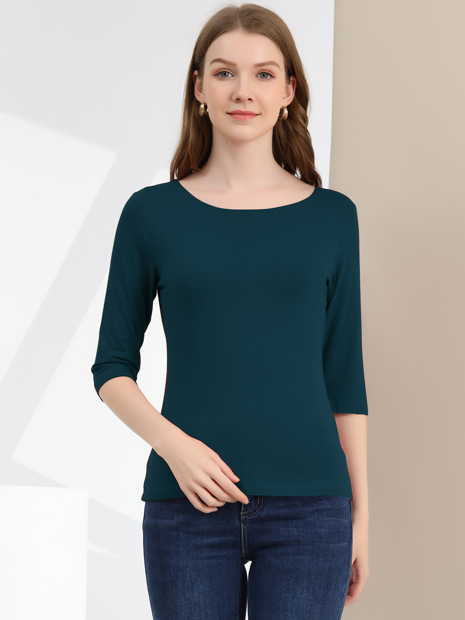 DARING DIVA Women's Elbow Sleeves Boat Neck Slim Fit Classic Tee S Dark Green
