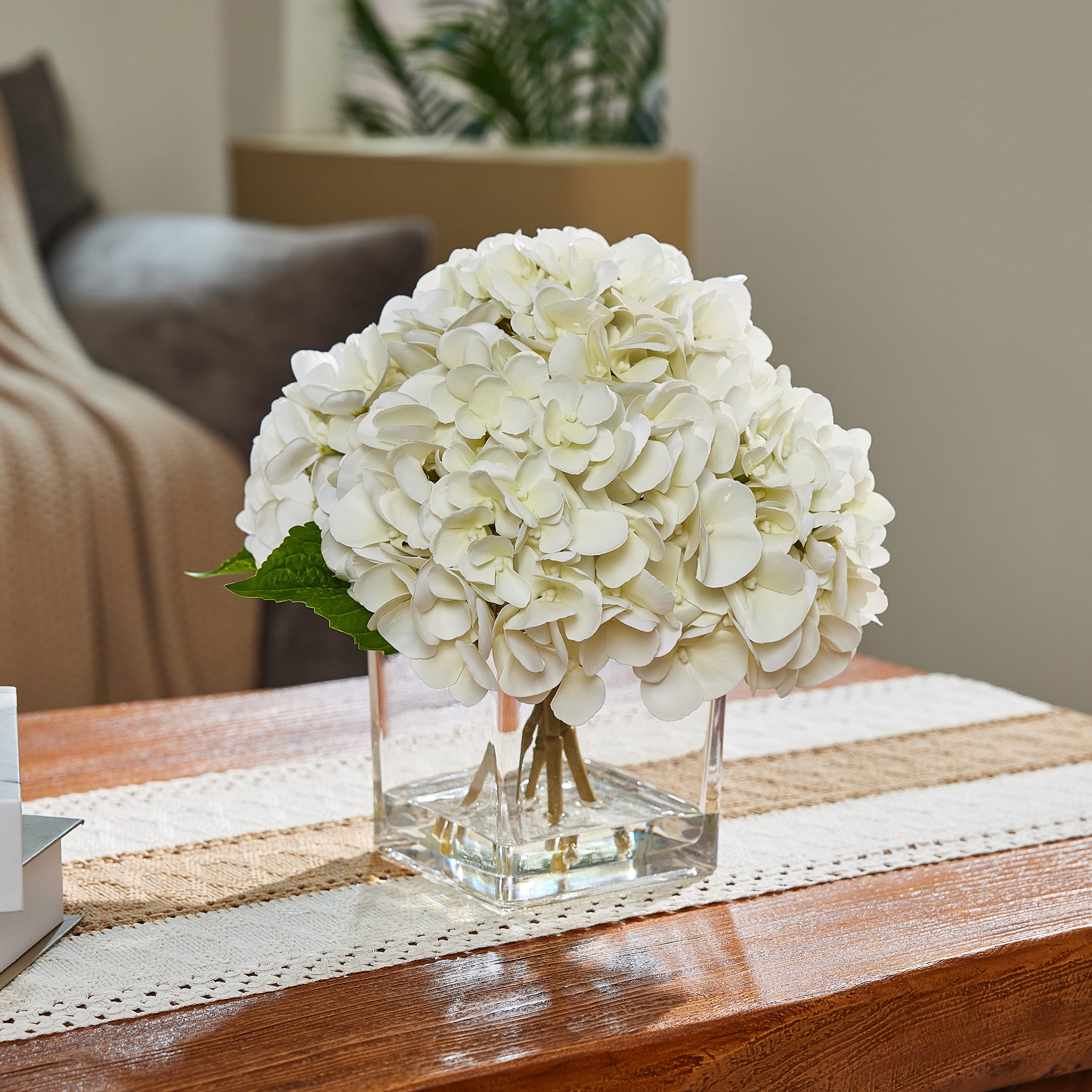 DR.Planzen 12in Artificial Hydrangea Flowers with Glass Vase, Hydrangea Artificial Flowers White Faux Hydrangea Arrangement - 90 Blooms Full Hydrangea Centerpiece for Home Table Wedding Decor Indoor