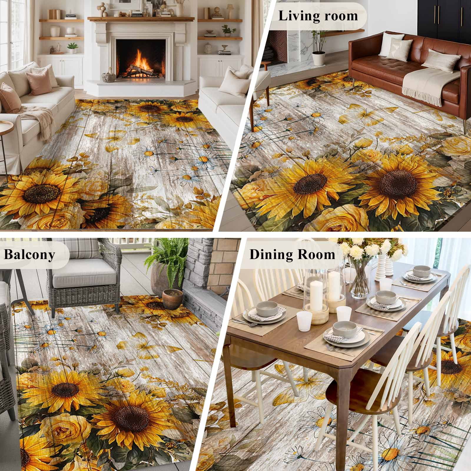 Large Area Rugs for Living Room Bedroom, Farmhouse Sunflower 5'x8' Rug Washable Carpet Runner Indoor Outdoor, Vintage Daisy Butterflies Rustic Wood Non Slip Floor Mats Rug for Kitchen, Bathroom