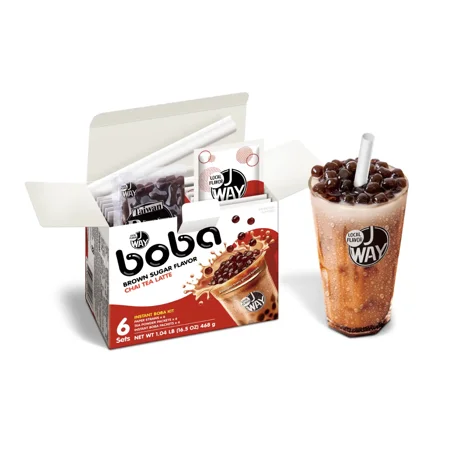 JWAY Instant Chai Tea Latte Boba Tea Kit with Authentic Brown Sugar Tapioca Boba Pearls Bubble Milk Tea Boba Set Ready in Under 1 Minute Paper Straws Included 6 Servings