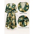 thumbnail image 5 of Plus Size Green & Gold Metallic Print Midi Dress, Wrap V-Neck 3/4 Sleeve A-Line Dress with Waist Tie & Pockets, 5 of 5