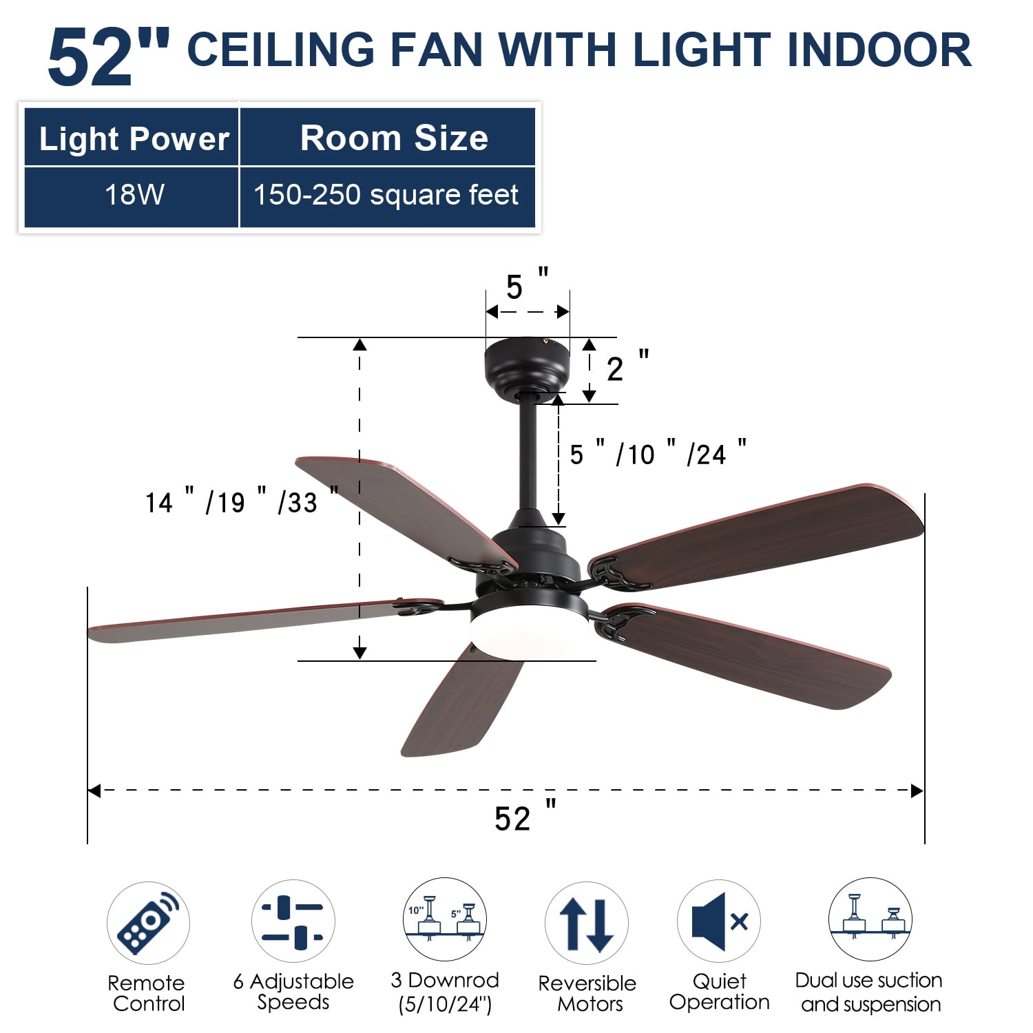 Kadyn 52 Inch Classics Ceiling Fan With Dimmable Led Light 6 Speed Wind 5 Blades Remote Control DC Motor For Indoor