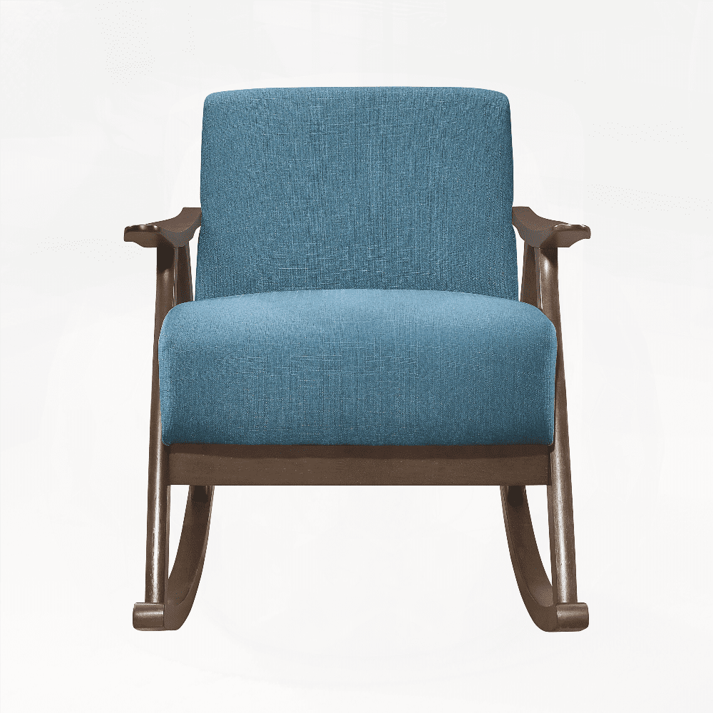 1-Piece Modern Rocking Chair - Blue Fabric on Dark Walnut Finish Wood with Cushion Seat and Back