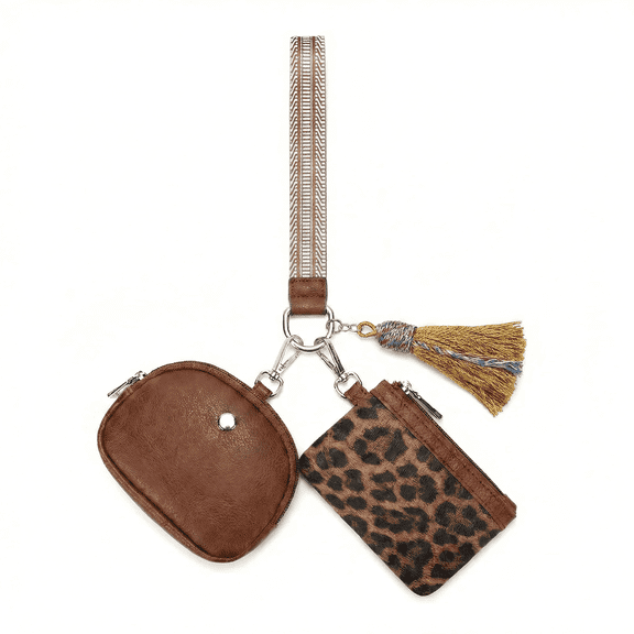 JOWBOOW Leopard PU Leather Wristlet Keychain Wallet with Tassel