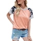 thumbnail image 2 of Mujer Cuello Redondo Top Camisa De Manga Corta Empalme A Rayas Impreso Top Verano Causal Blusa Rosa L, 2 of 6