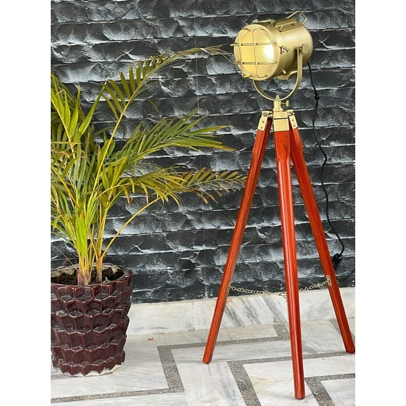 Beautiful Brass Antique Floor Lamp Adjustable with Red Wooden Tripod Lamp Room