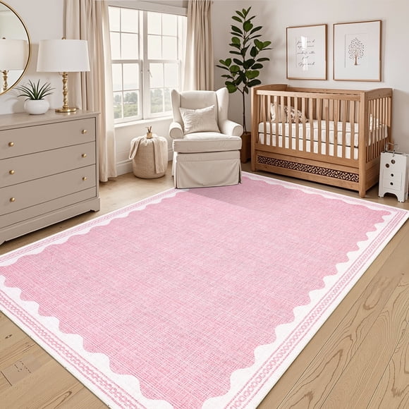 YUSAZENS Modern Area Rug 9x12 Washable Low Pile Non-Slip Solid Carpet with Border for Bedroom Living Room Office Pink