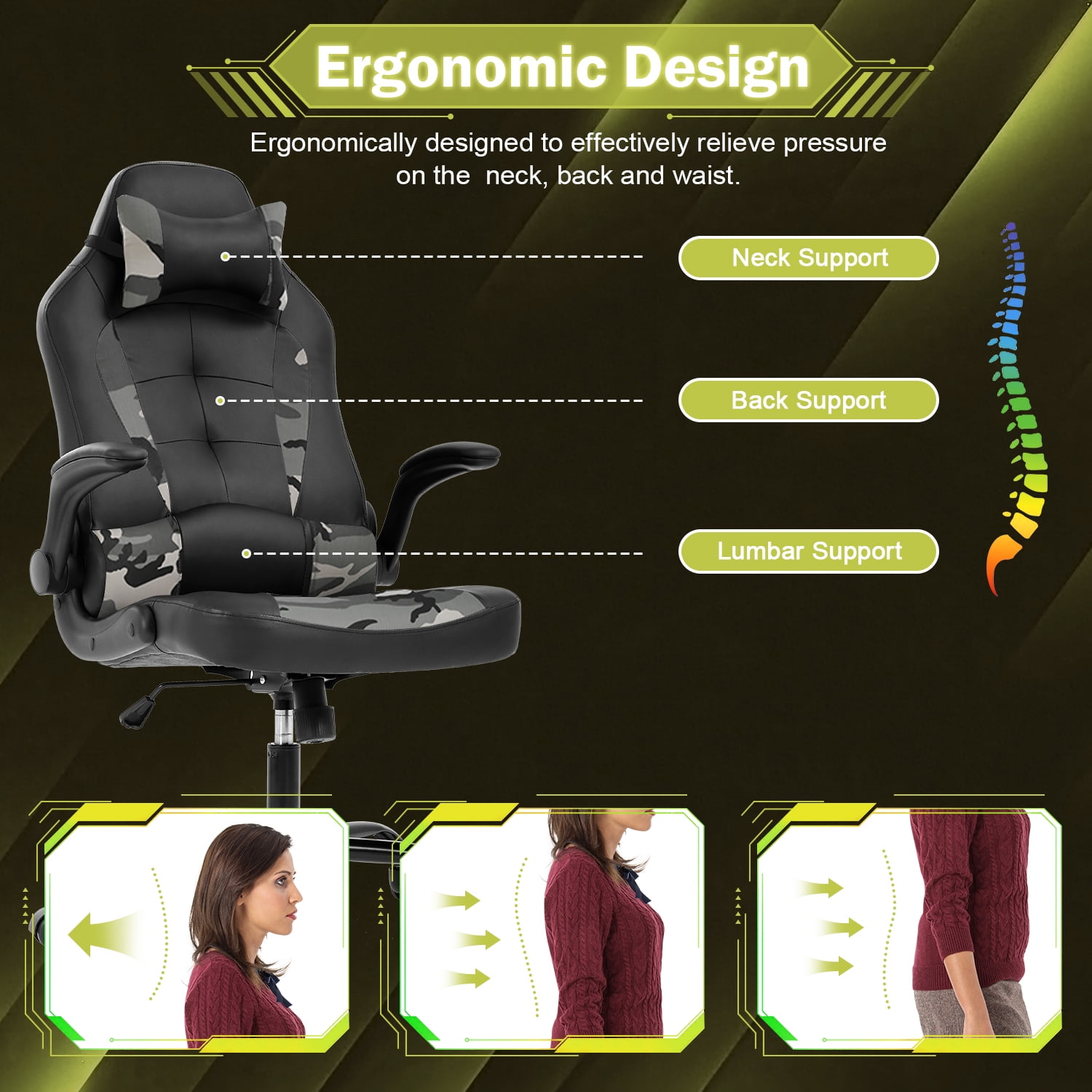 Video Game Chair High Back Gaming Chair PU Leather Racing Chair with Headrest Lumbar Support & Flip-up Arms , Adjustable Gamer Chair for Adults & Kids, Camo