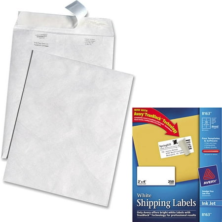 Quality Park White Leather Tyvek Plain Envelopes and Avery 8163 White Shipping Labels for Inkjet Printers, 2