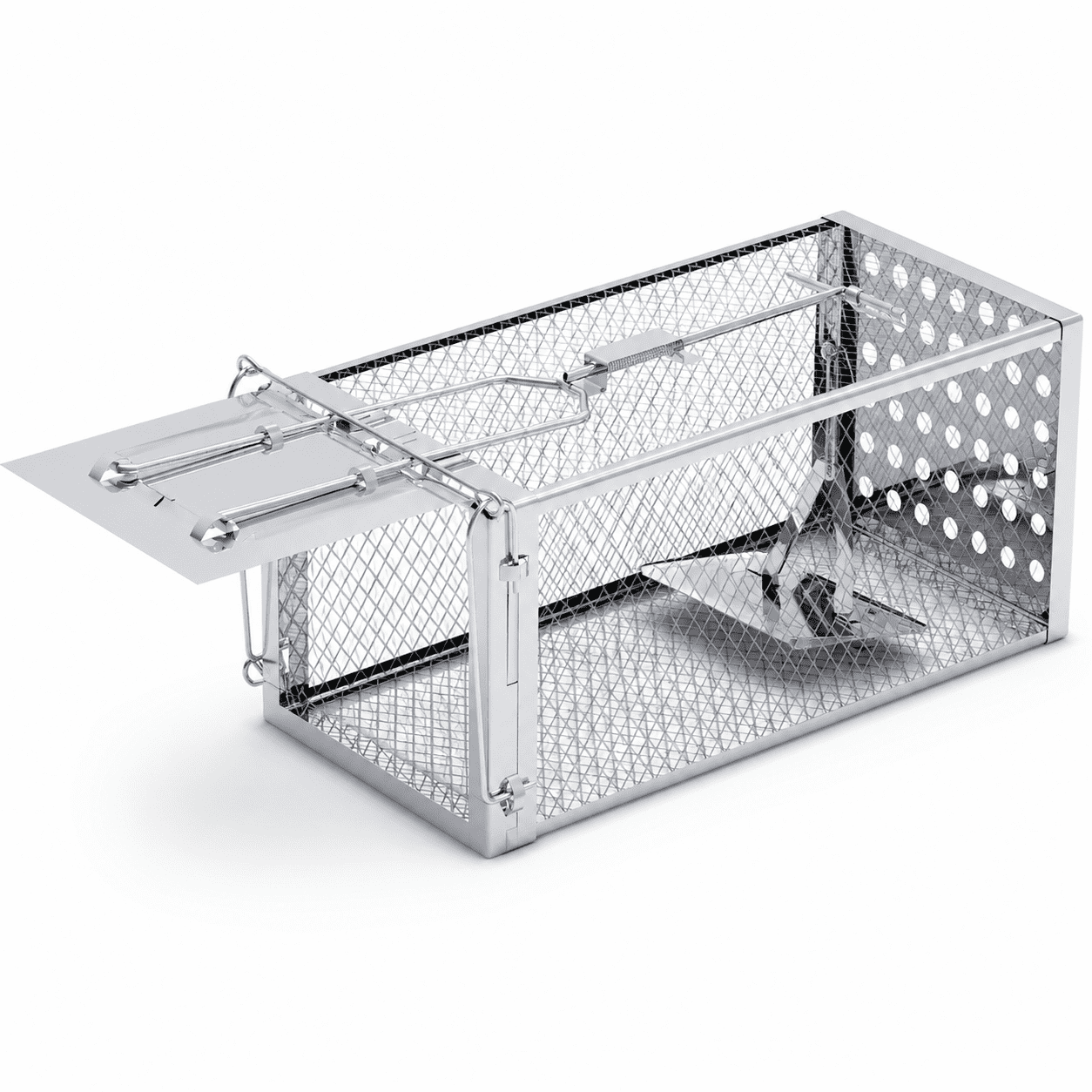 Galvanized Steel Humane Rat Trap Cage, Reusable, Single Door, Silver