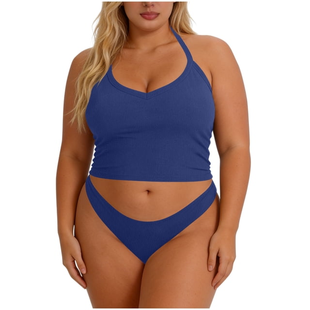 Craaazy Womens Plus Size Sports Tops Solid Color Racerback Ribbed Sleeveless Built-in Bra Crop Tank Tops for Workout Gift