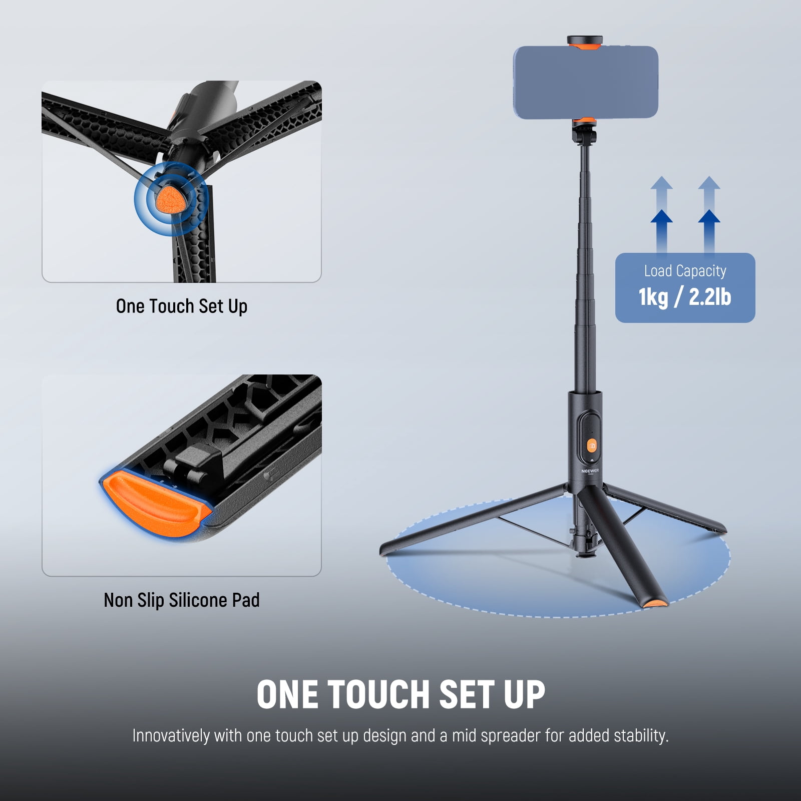Neewer 57.9" Selfie Stick Tripod for iPhone/Samsung/Android - Lightweight, w/Phone Holder & Remote, PA992 Black