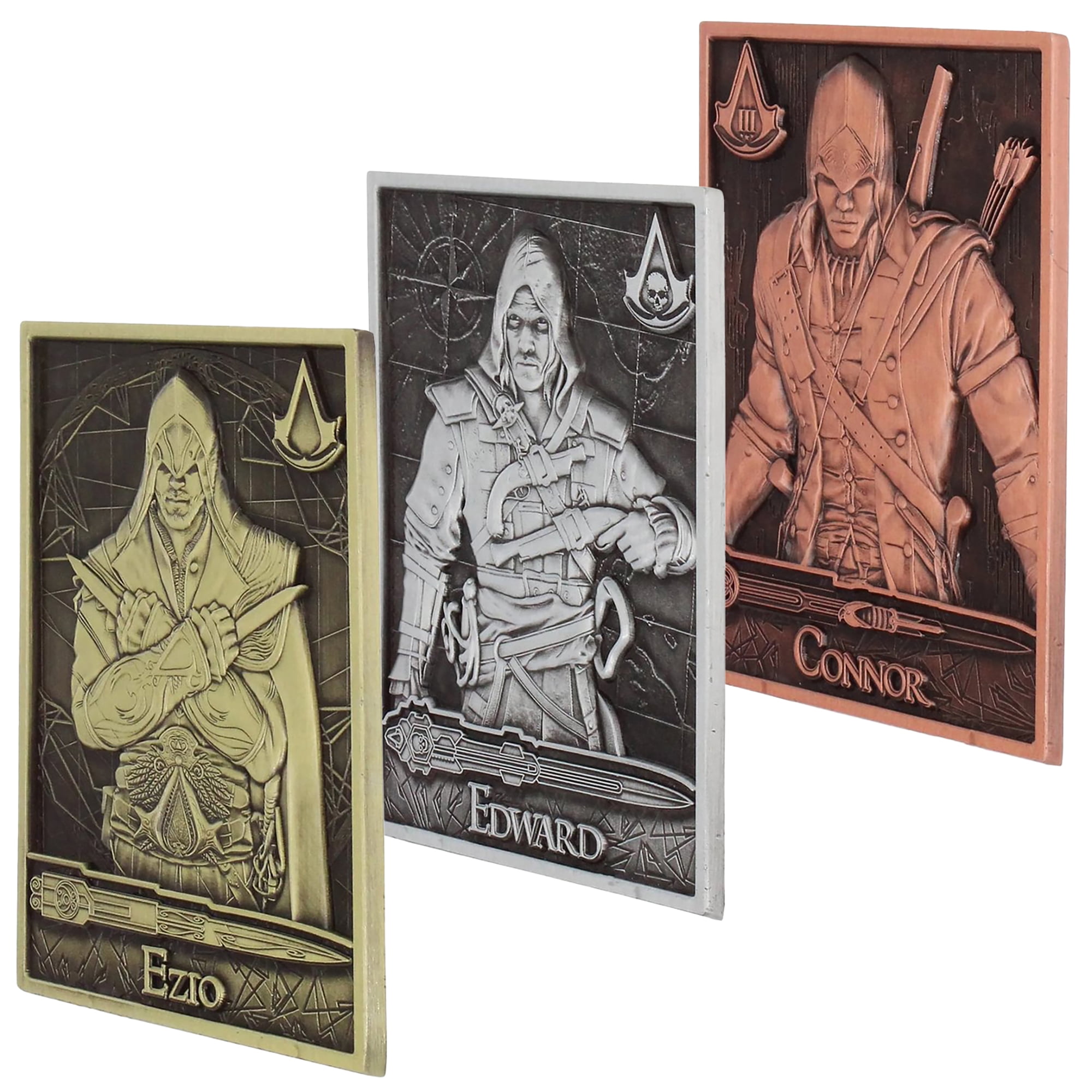 Exquisite Gaming: Digiplate Starter Pack - Assassins Creed: Assassins - 3 Collectible Metal Cards & Phone Stand, Copper-Gold-Silver Image Plates