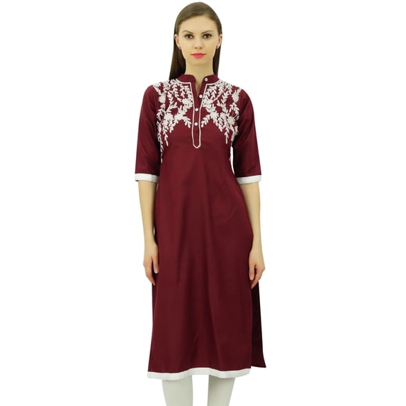 Bimba Women's Linen Kurta Embroidered Kurti Mandarin Collar Chic Straight Long Tunic