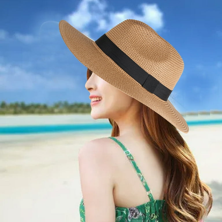 HEVIRGO Beach Sun Hat Straw Braid UV Protection Men Women Waterproof Anti Sun Boater Hat for Beach Beige Straw Weaving