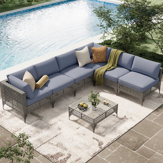 AECOJOY 7-Piece Outdoor Patio Furniture Set, Grey Rattan Sectional Sofa with Blue Cushions and Glass Coffee Table