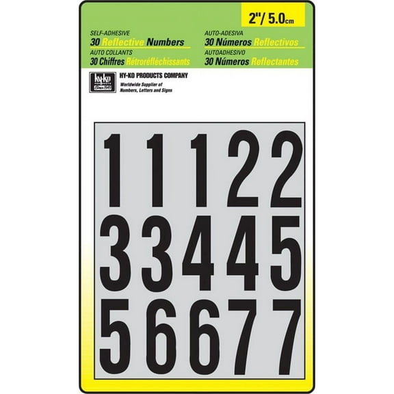 Hy-Ko Reflective Number Vinyl Stickers - 2 In, Multicolor, Adhesive, 26 Piece Set