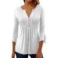 thumbnail image 1 of Gibobby Blusas Para Mujeres Camiseta con botones de color sólido plisado prensado con cuello en V y manga acampanada de siete minutos de primavera y verano para mujer（Blanco， L), 1 of 5