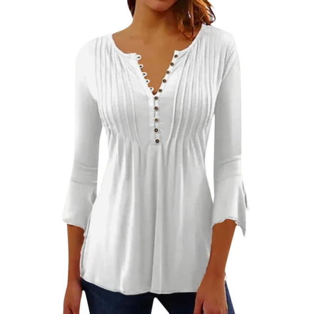 Gibobby Blusas Para Mujeres Camiseta con botones de color sólido plisado prensado con cuello en V y manga acampanada de siete minutos de primavera y verano para mujer(Blanco, L)