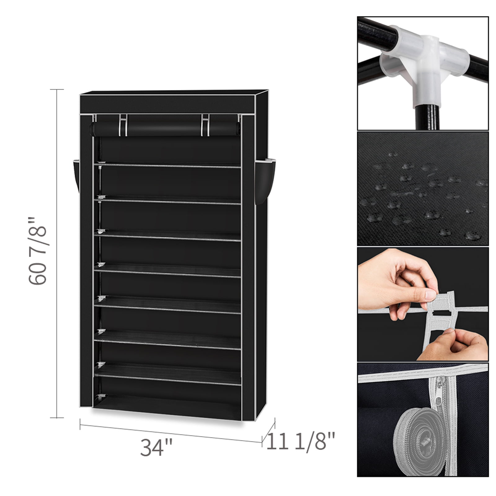 10 Tiers Shoe Rack with Dustproof Cover Closet Shoe Storage Cabinet Organizer, Black
