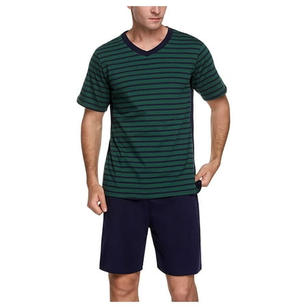 

vbnergoie Men s Spring/Summer Pyjamas With Striped V-Neck Two Piece Pyjamas Set Cotton