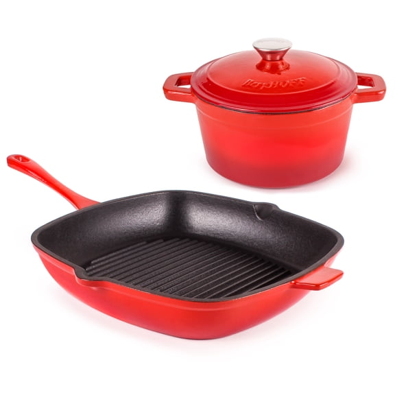 BergHOFF Neo 3pc Cast Iron Cookware Set, Grill Pan & Round Dutch Oven, Red