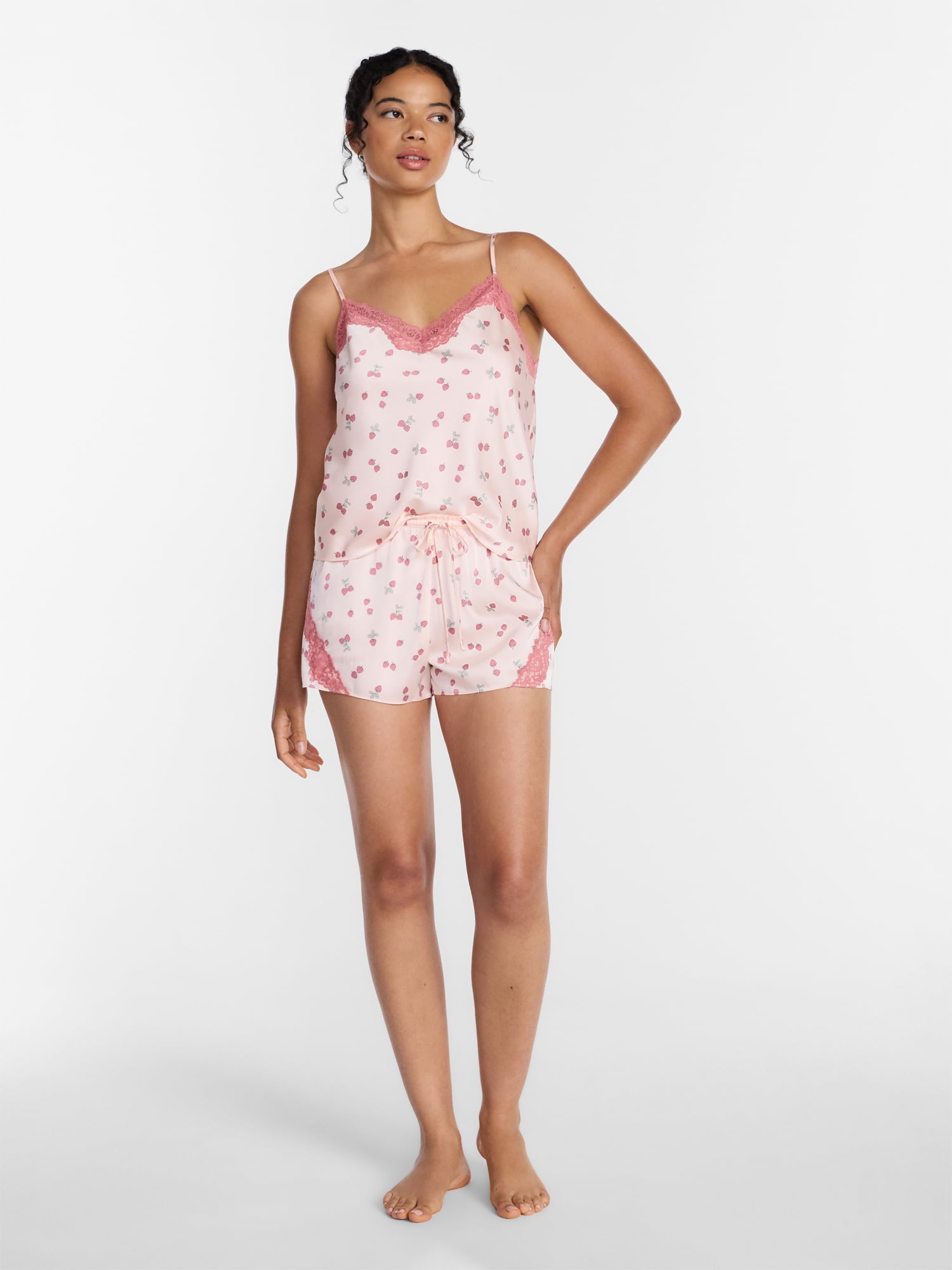 Joyspun Women’s Lace Trim Stretch Satin Cami and Shorts Set, 2-Piece, Sizes XS-3X