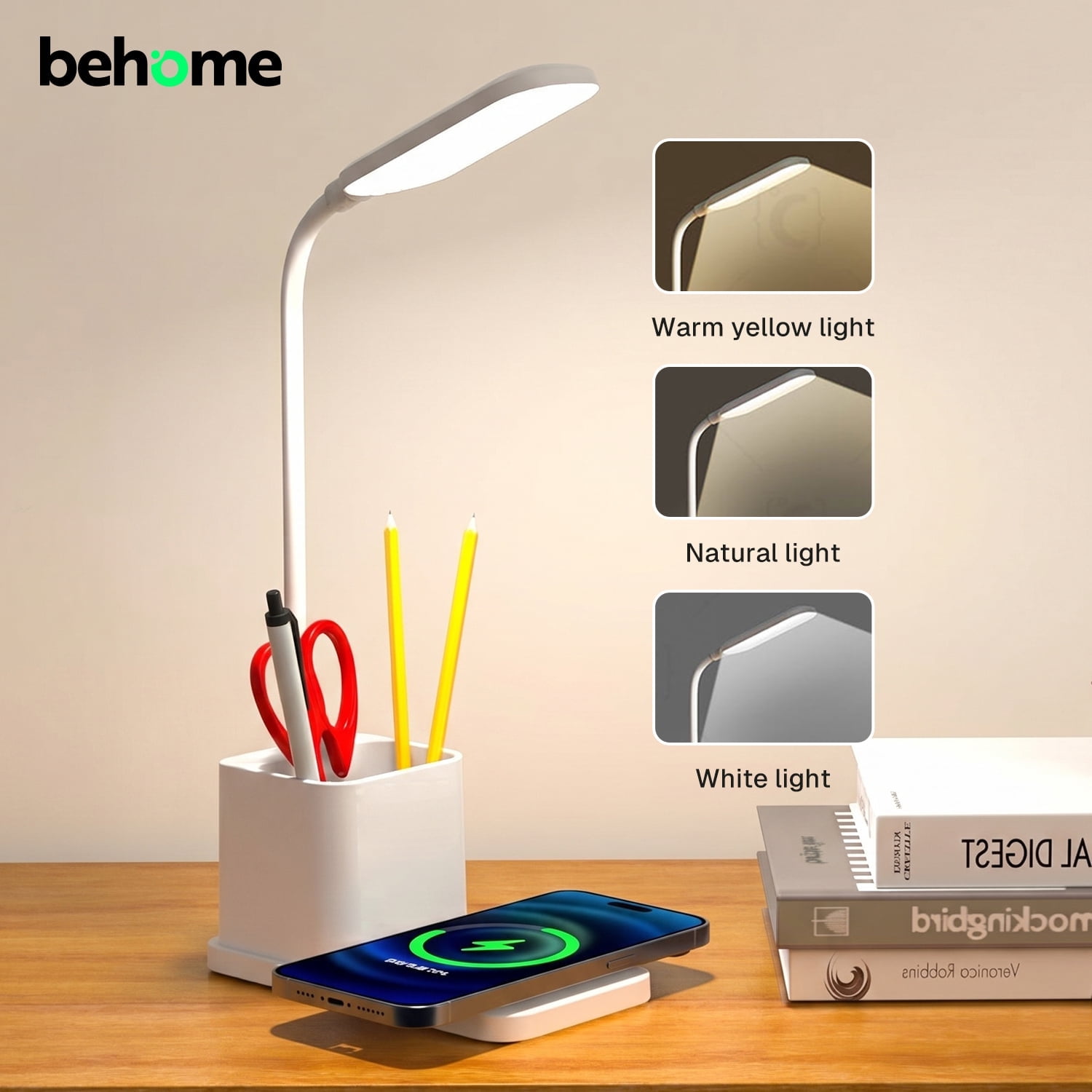 Behome LED Desk Lamp with Wireless Charger & Pen Holder, Eye-Caring 3-Color Dimmable Table Lamp, Flexible Gooseneck Desk light for Home Office School, White