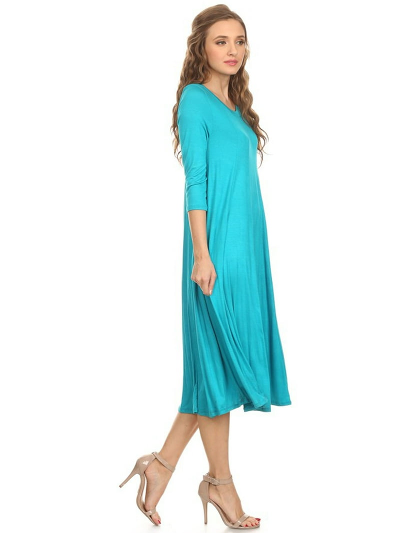 FashionStream Women's Relaxed Fit 3/4 Sleeve Round Neck Jersey Knit A-line Solid Maxi Dress, Size: Small, Blue