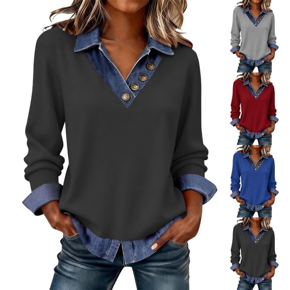 YanHoo Women's Denim Patchwork Shirts Vintage Western V Neck Button Up Lapel Blouse Long Sleeve Loose Dressy Casual Pullover Top Black,L