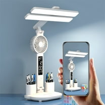 Coollooc Desk Lamp LED Desk Lamps with Fans,USB Charging Port,Foldable Table Lamp with Clock,Date, Fan,Pen Holder,Temperature,Step-Less Dimming,Eye Caring Reading Light for Study Home Office