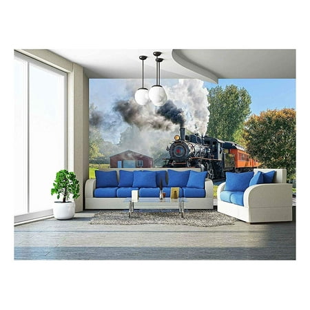 wall26 - Old Vintage Steam Engine Arriving At The Train Depot - Removable Wall Mural | Self-adhesive Large Wallpaper - 100x144