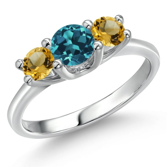 Gem Stone King 14K White Gold London Blue Topaz & Yellow Citrine 3-Stone Engagement Ring | 1.21 Cttw | Round 5MM and 4MM | Three Stone Wedding Anniversary Promise Ring for Women (Size 8)