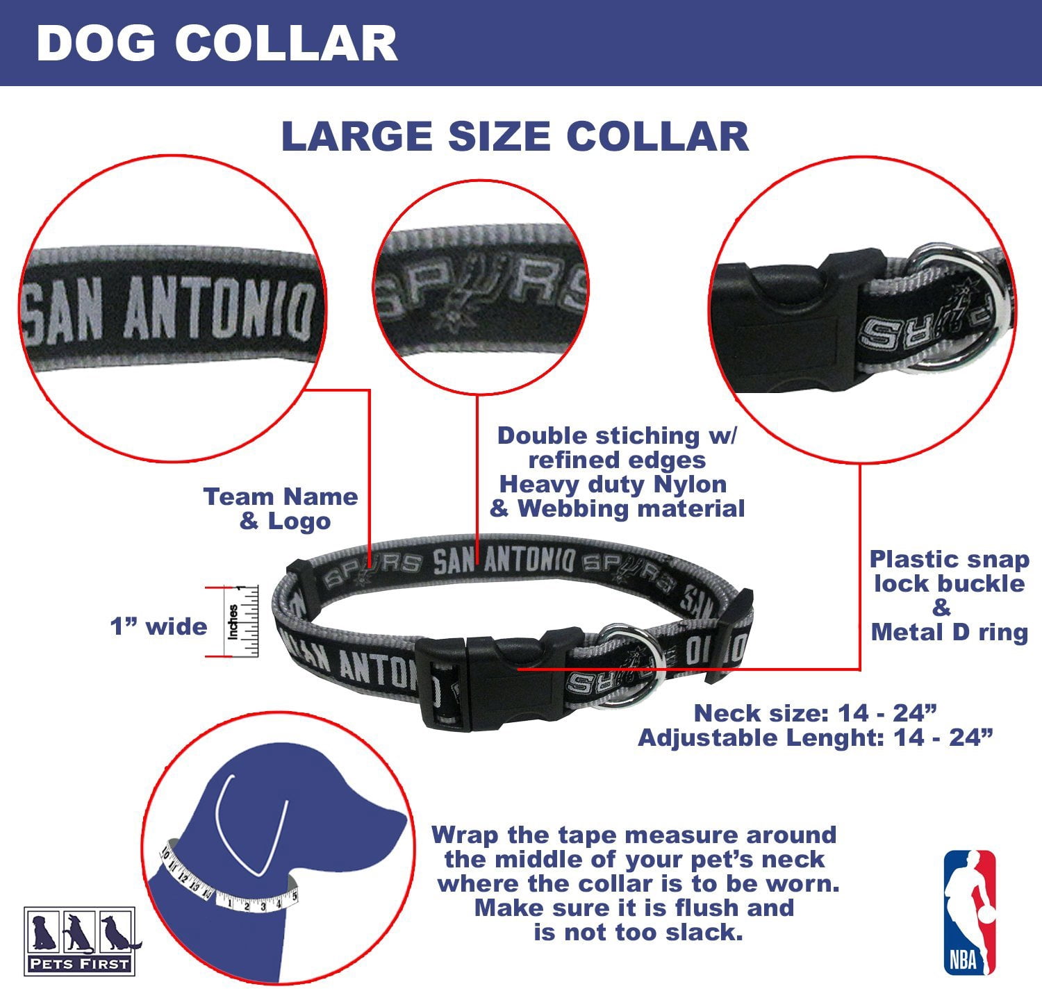 Pets First NBA San Antonio Spurs Pet Collar, 3 Sizes Available, Sports Fan Dog Collar