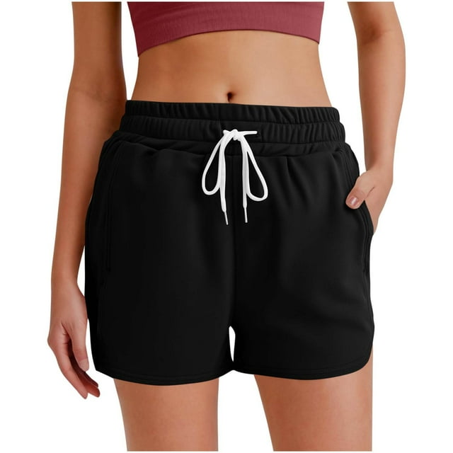 Pantalones Cortos de Entrenamiento con Bolsillos para las Mujeres Color Sólido Elástico Cintura Cortos con Cordón, Algodón Desgaste Casual para las Mujeres, Lavado a Mano Toda la Temporada