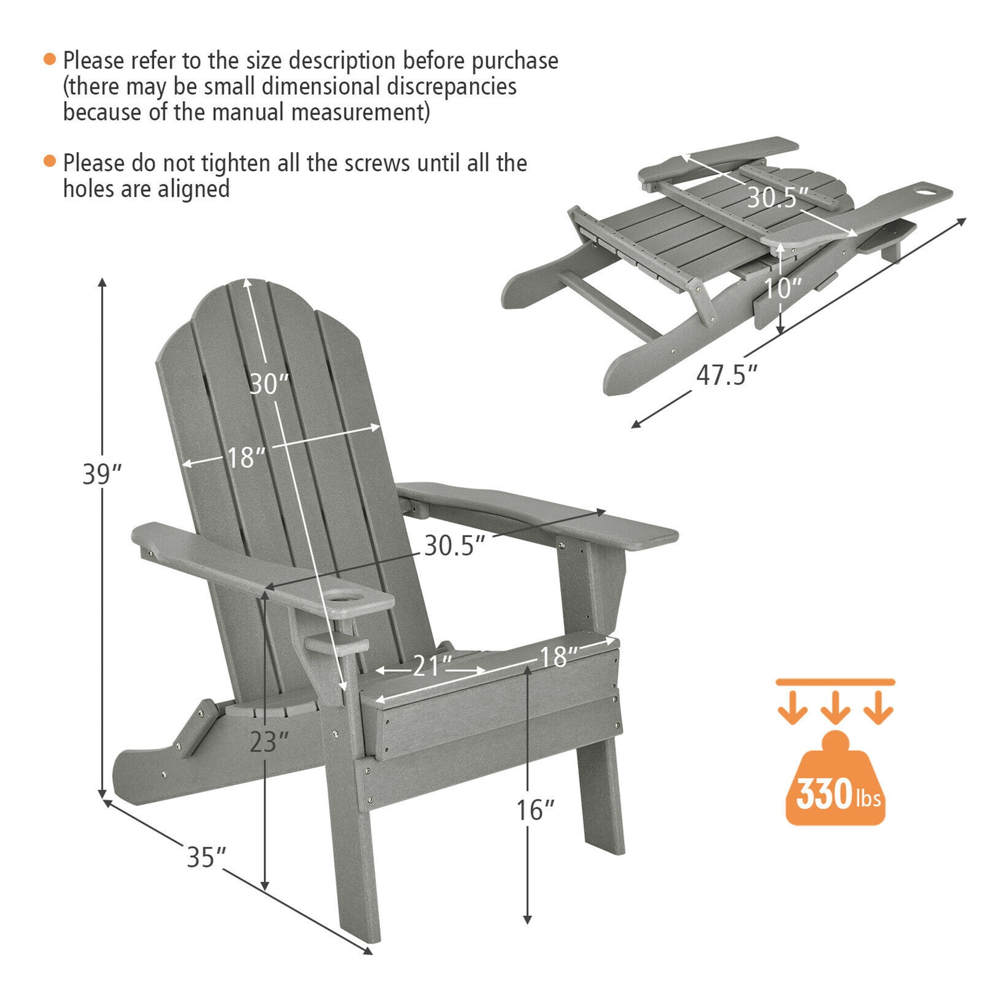 Gymax 2PCS Patio Folding Adirondack Chair Weather Resistant Cup Holder Yard Grey