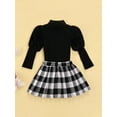 thumbnail image 3 of Seyurigaoka Kids Girls Solid Color Puff Sleeve High Collar Pullover + Plaid Pleated Skirt, 3 of 8