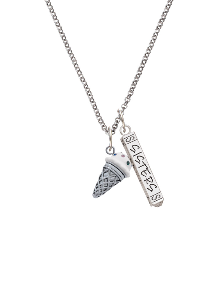 Delight Jewelry Silvertone 3-D Resin Vanilla Ice Cream Cone with Crystals Silvertone Sisters Best Friends Forever Bar Charm Necklace, 23"