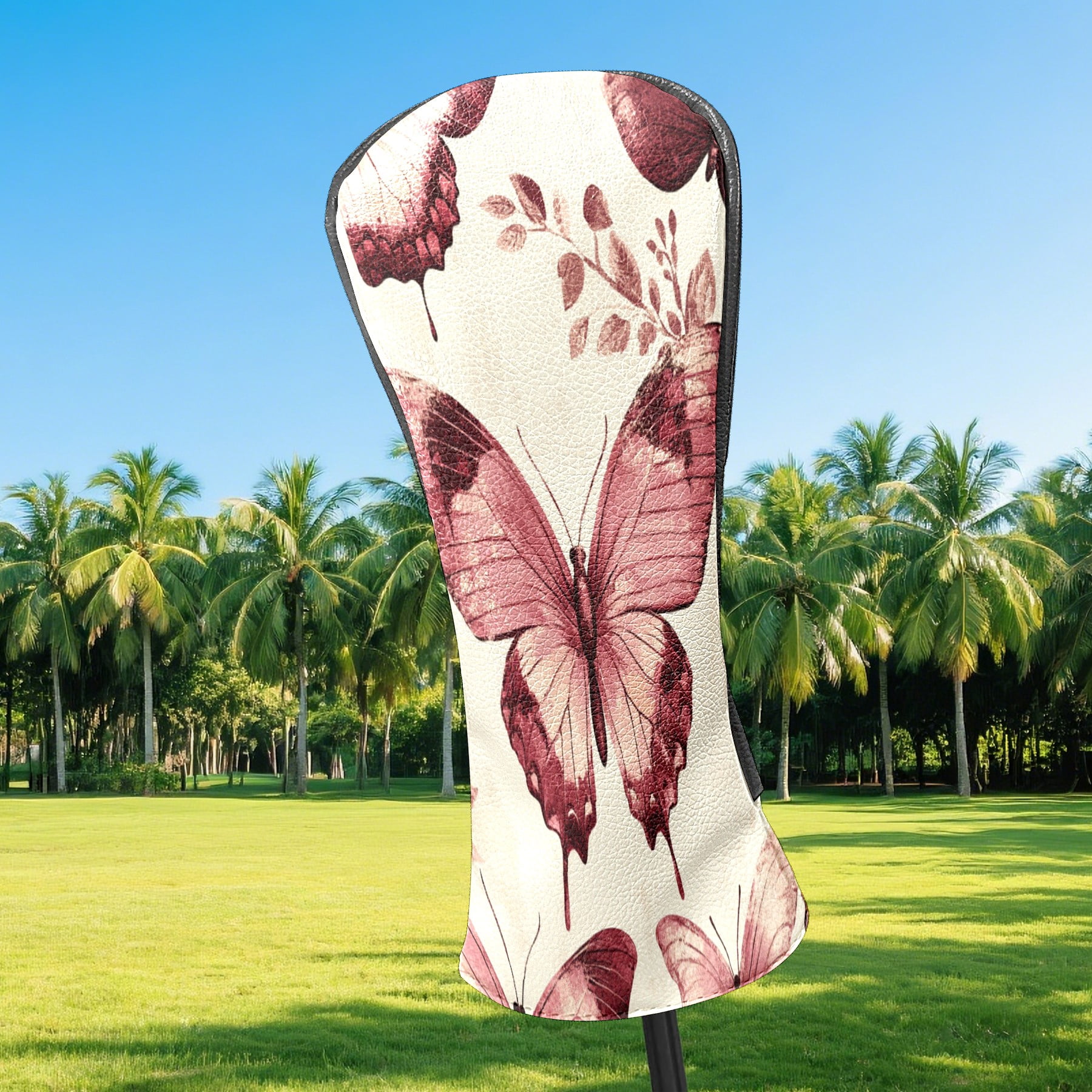 Golf Club Covers PU Leather Waterproof Head Covers for Fairway Woods Hybrids Rose-red Butterfly